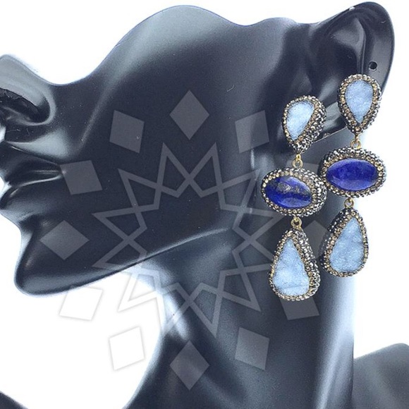 Swarovski Crystal & Lapis/Chalcedony Gem Earrings - Picture 3 of 8